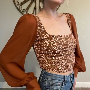 UO Lena Sheer Sleeve Square Neck Cropped Blouse